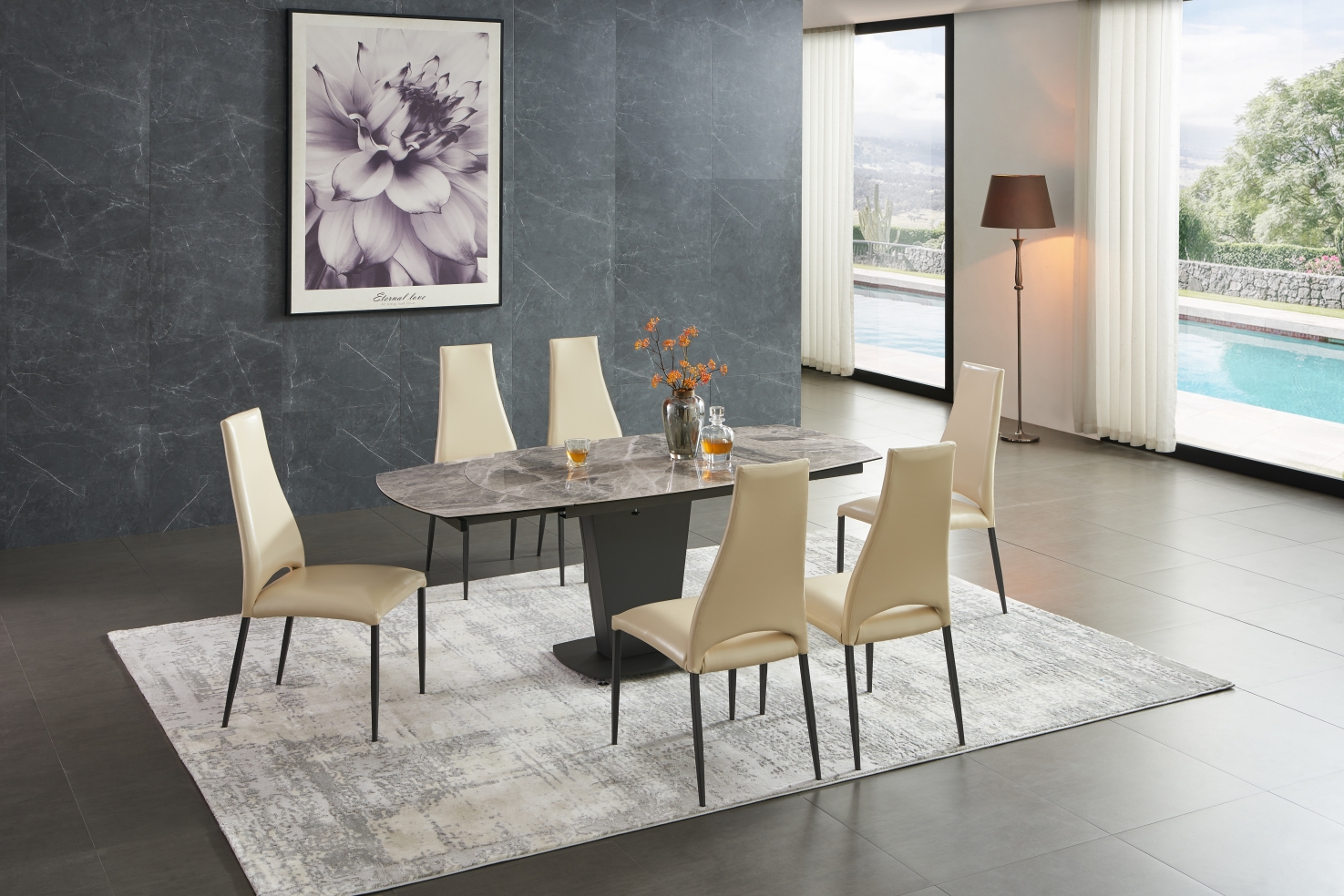 Clearance Dining Room 2417 Marble Table Grey with 3405 Chairs Beige