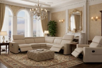 Living Room Furniture Reclining and Sliding Seats Sets 6021 Cream Sectional and armchair w/ manual recliners