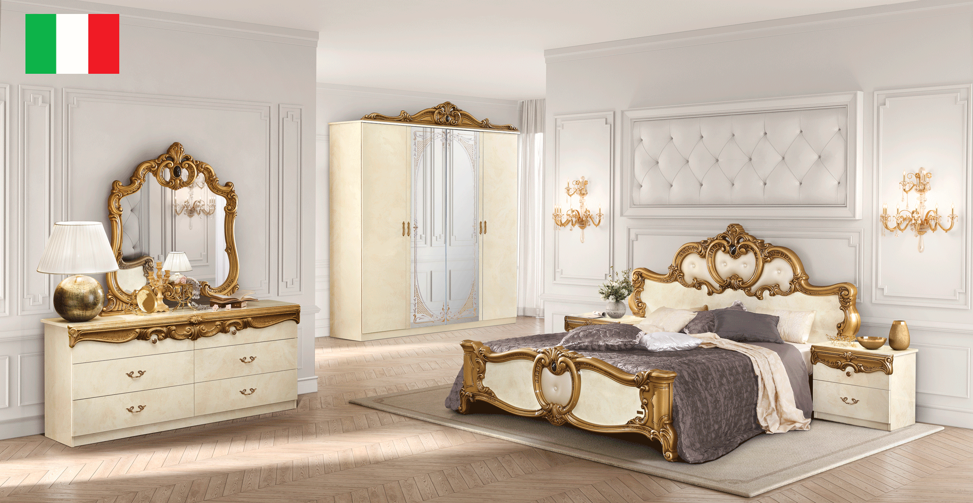 Bedroom Furniture Modern Bedrooms QS and KS Barocco Ivory w/Gold Bedroom