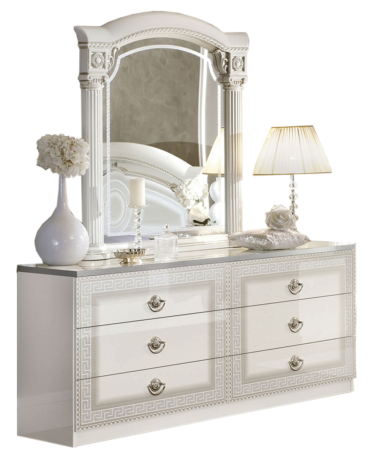 Bedroom Furniture Mirrors Aida White Silver Dresser