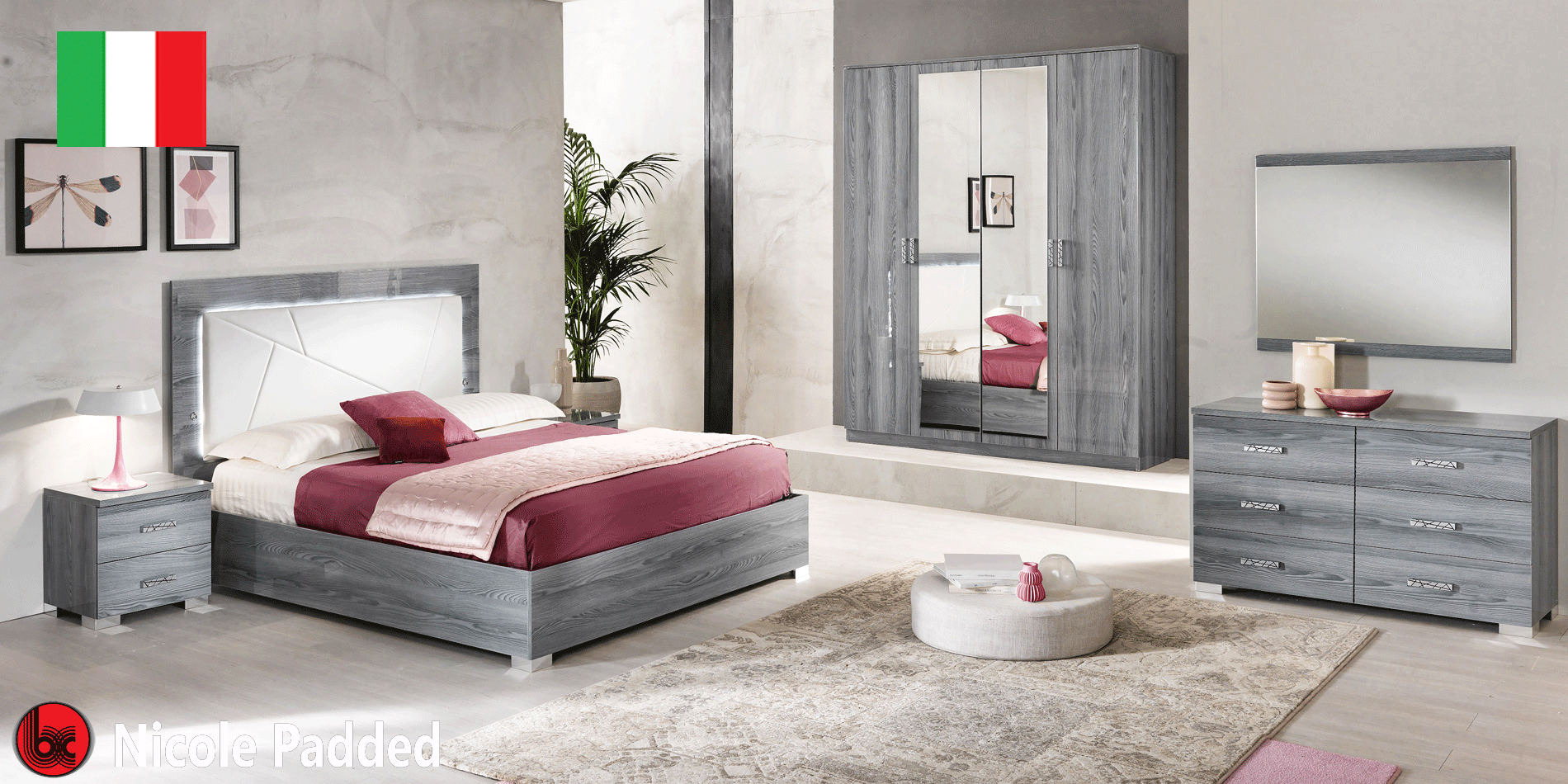Bedroom Furniture Nightstands Nicole KS Bedroom w/ Upholstered HB in Grey w/ Light