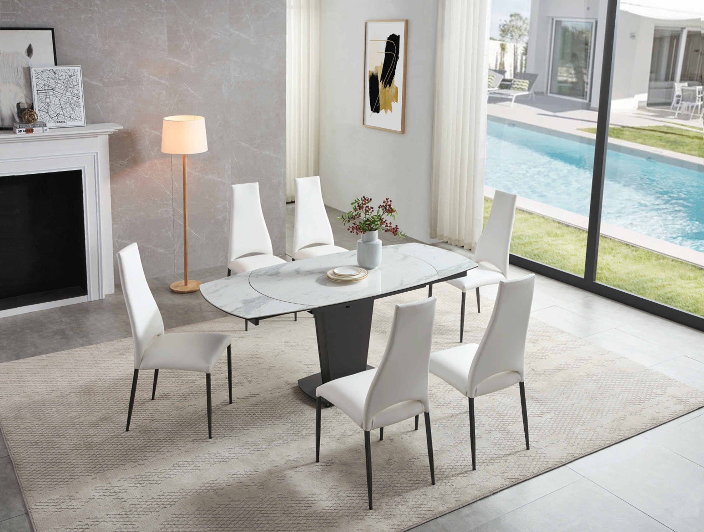 Dining Room Furniture Kitchen Tables and Chairs Sets 2417 Marble Table White with 3405 White Chairs