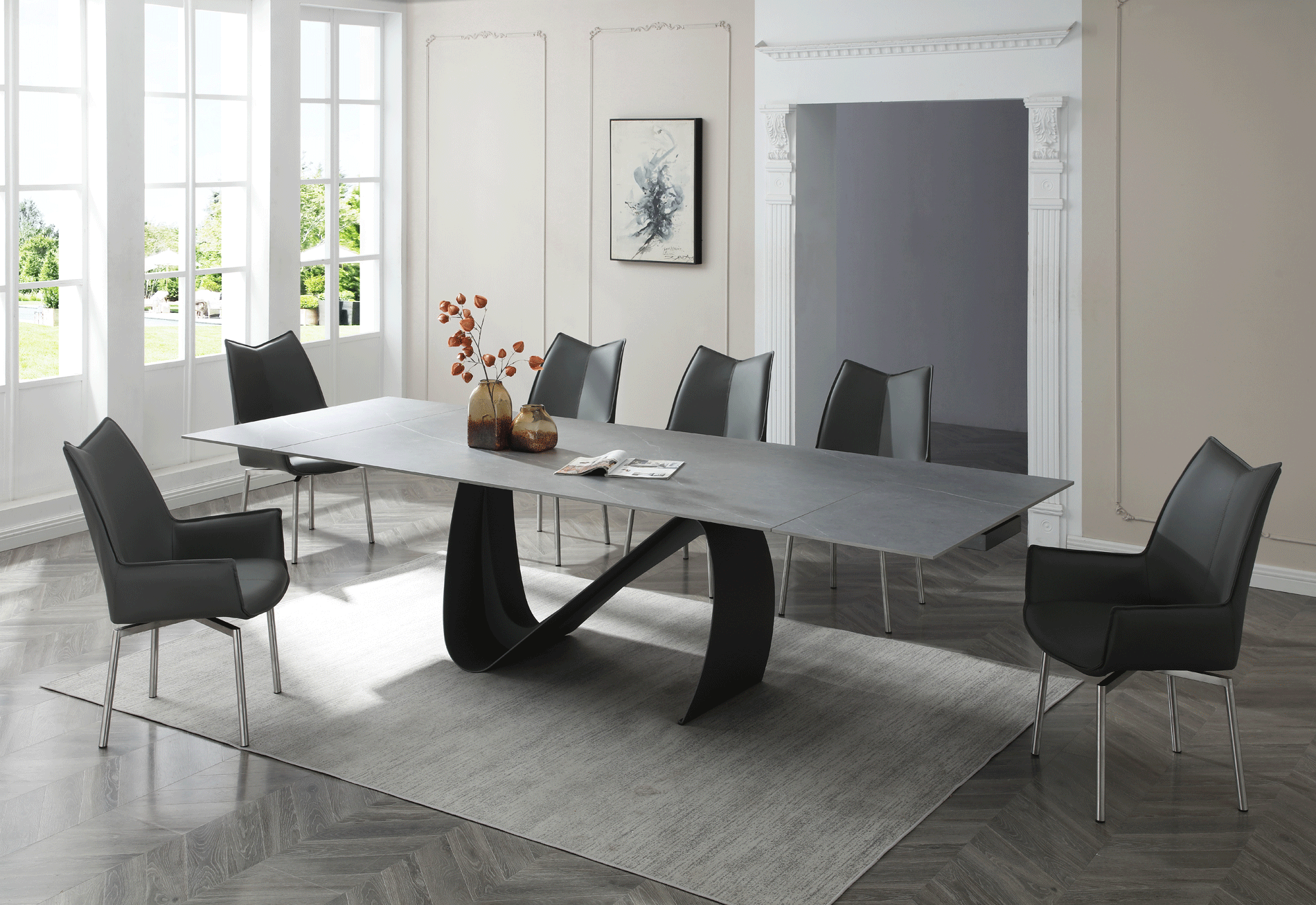 Dining Room Furniture Tables 9087 Table Dark grey with 1218 swivel dark grey chair