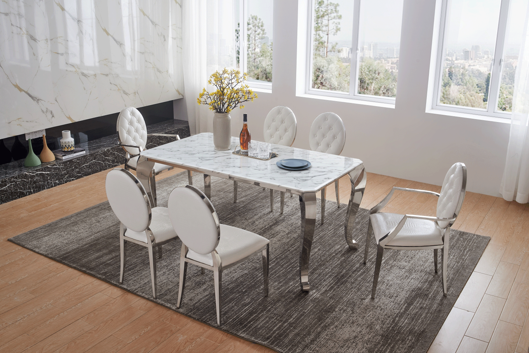 Dining Room Furniture Marble-Look Tables 110 Marble Dining Table with 110 White Chairs