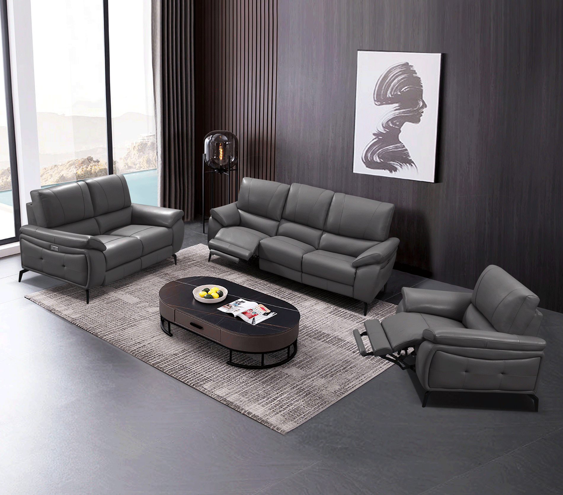 Living Room Furniture Sleepers Sofas Loveseats and Chairs 2934 Dark Grey w/ electric recliners